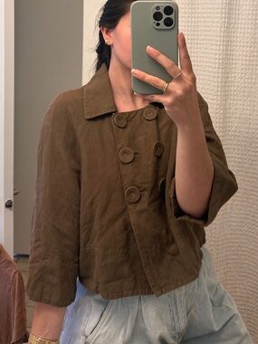 Sandro Brown Linen Cropped Double-Breasted Jacket